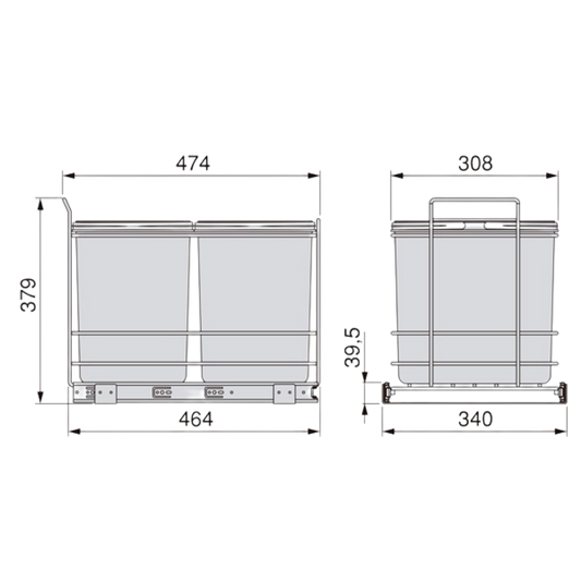 Coș de gunoi bucatarie incorporabil cu două compartimente x 16 litri, gri antracit