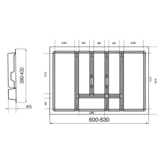 Suport organizare tacamuri Uni, alb, pentru latime exterioara corp 700 mm, montabil in sertar de bucatarie, 630x430 mm