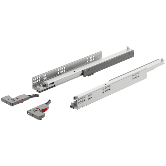 Glisiere sub sertar Häfele Matrix UM A30 Synchro 19 mm, extragere totală, pentru materiale cu grosime ≤ 19 mm, capacitate portantă 30 kg, oțel, cuplaje fixare sertar cu reglaj 3D lungime 350 mm, cu mecanism deschidere prin apăsare (PTO)