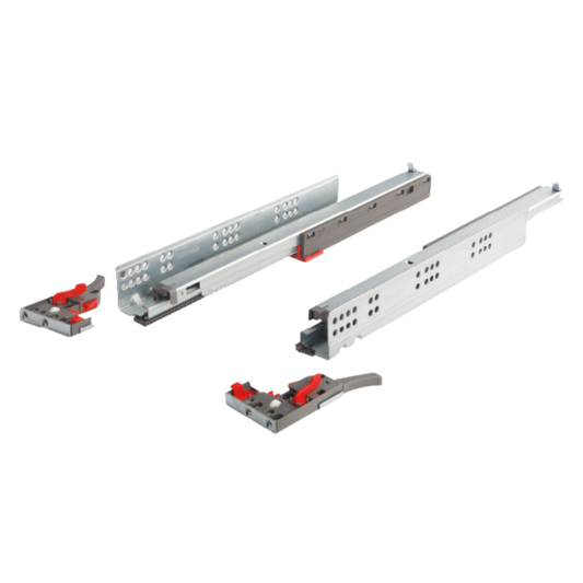 Glisiere sub sertar Häfele Matrix UM A30 Synchro 19 mm, extragere totală, pentru materiale cu grosime ≤ 19 mm, capacitate portantă 30 kg, oțel, cuplaje fixare sertar cu reglaj 3D lungime 500 mm, cu mecanism deschidere prin apăsare (PTO)